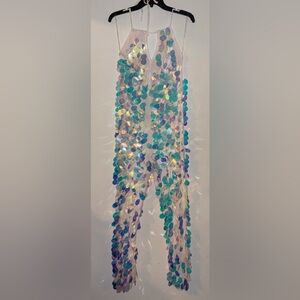 New Fashion Nova Cloud Nine Halter Sequin Iridescent White Jumpsuit Size Small